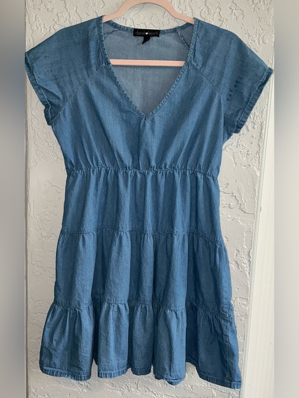Derek Heart Blue Chambray Tiered V-Neck Dress